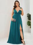 Sleeveless V-Neck Empire Waist High Slit Floor-Length Evening Dress – Teal