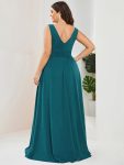 Sleeveless V-Neck Empire Waist High Slit Floor-Length Evening Dress – Teal