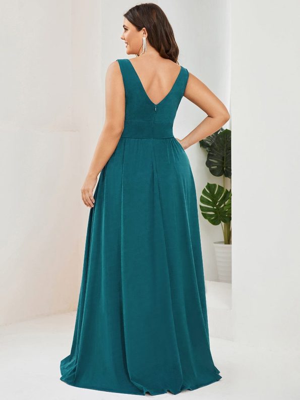 Sleeveless V-Neck Empire Waist High Slit Floor-Length Evening Dress - Teal