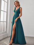 Sleeveless V-Neck Empire Waist High Slit Floor-Length Evening Dress – Teal