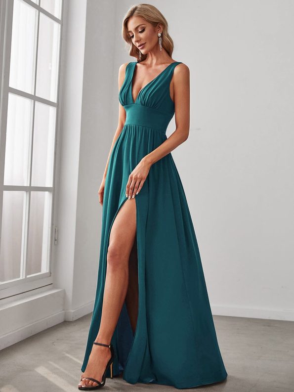 Sleeveless V-Neck Empire Waist High Slit Floor-Length Evening Dress - Teal