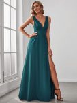 Sleeveless V-Neck Empire Waist High Slit Floor-Length Evening Dress – Teal