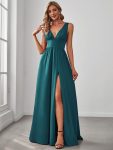 Sleeveless V-Neck Empire Waist High Slit Floor-Length Evening Dress – Teal