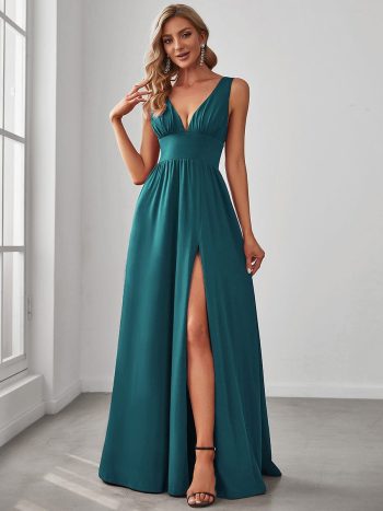 Sleeveless V-Neck Empire Waist High Slit Floor-Length Evening Dress - Teal