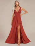 Chiffon High Slit Sleeveless V-Neck Empire Waist Formal Evening Dress – Vermilion