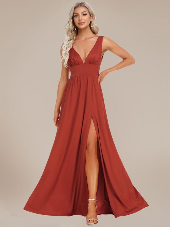 Chiffon High Slit Sleeveless V-Neck Empire Waist Formal Evening Dress - Vermilion