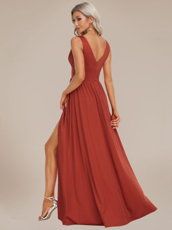 Chiffon High Slit Sleeveless V-Neck Empire Waist Formal Evening Dress - Vermilion