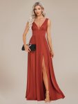 Chiffon High Slit Sleeveless V-Neck Empire Waist Formal Evening Dress – Vermilion