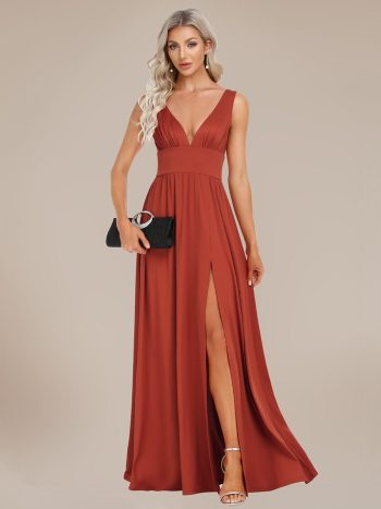 Chiffon High Slit Sleeveless V-Neck Empire Waist Formal Evening Dress - Vermilion