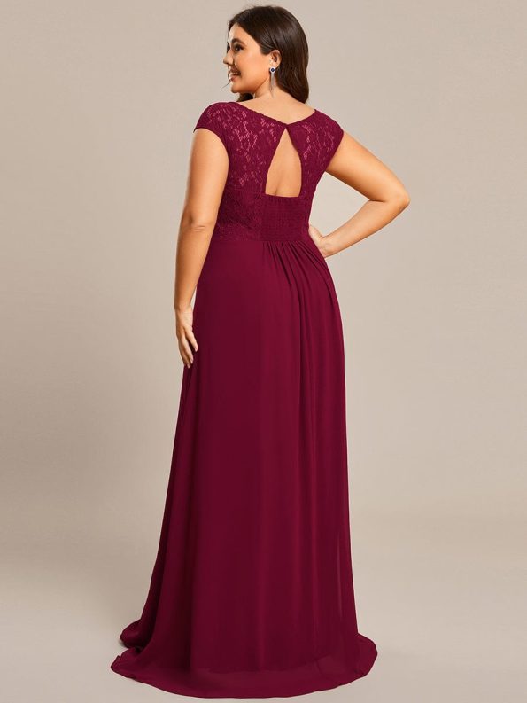 Elegant Chiffon Maxi Formal Evening Dress with Lace Cap Sleeve - Burgundy