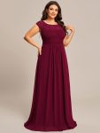 Elegant Chiffon Maxi Formal Evening Dress with Lace Cap Sleeve – Burgundy