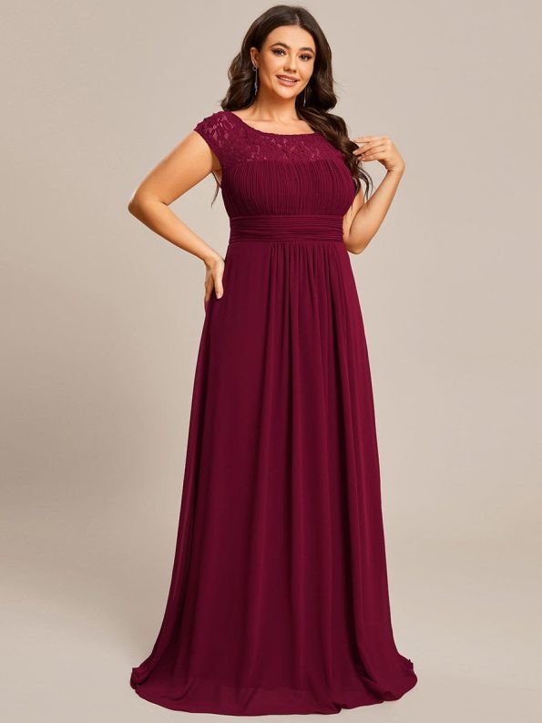 Elegant Chiffon Maxi Formal Evening Dress with Lace Cap Sleeve - Burgundy