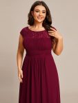 Elegant Chiffon Maxi Formal Evening Dress with Lace Cap Sleeve – Burgundy