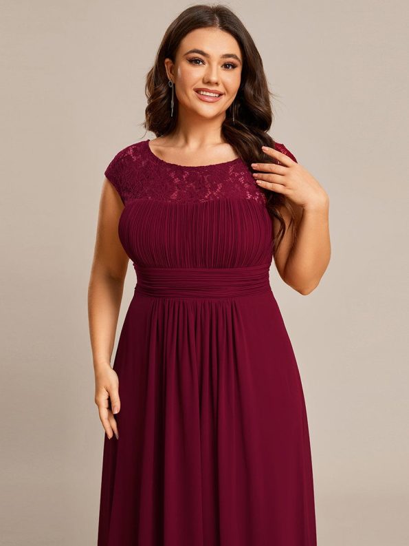 Elegant Chiffon Maxi Formal Evening Dress with Lace Cap Sleeve - Burgundy