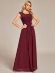 Elegant Chiffon Maxi Formal Evening Dress with Lace Cap Sleeve - Burgundy