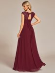 Elegant Chiffon Maxi Formal Evening Dress with Lace Cap Sleeve – Burgundy