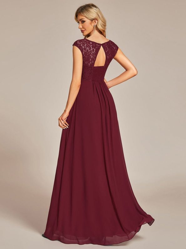 Elegant Chiffon Maxi Formal Evening Dress with Lace Cap Sleeve - Burgundy