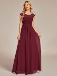 Elegant Chiffon Maxi Formal Evening Dress with Lace Cap Sleeve – Burgundy