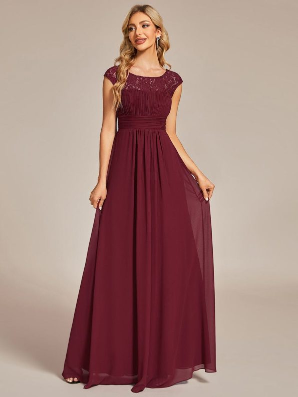 Elegant Chiffon Maxi Formal Evening Dress with Lace Cap Sleeve - Burgundy