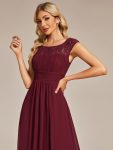 Elegant Chiffon Maxi Formal Evening Dress with Lace Cap Sleeve – Burgundy