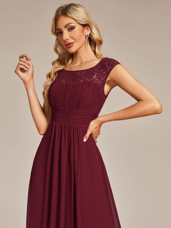 Elegant Chiffon Maxi Formal Evening Dress with Lace Cap Sleeve - Burgundy