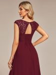 Elegant Chiffon Maxi Formal Evening Dress with Lace Cap Sleeve – Burgundy