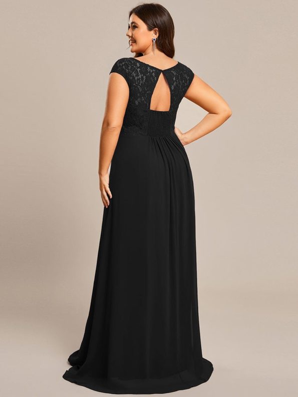 Elegant Chiffon Maxi Formal Evening Dress with Lace Cap Sleeve - Black