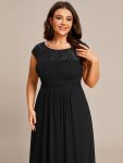 Elegant Chiffon Maxi Formal Evening Dress with Lace Cap Sleeve – Black