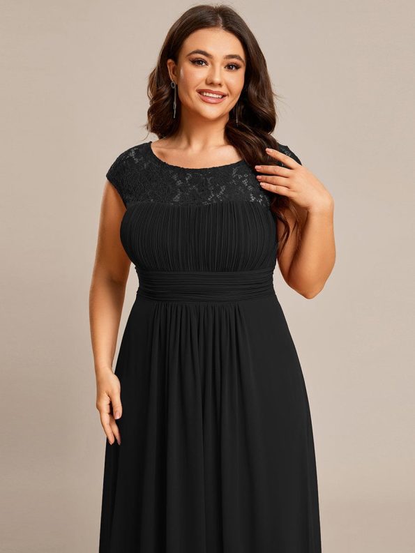 Elegant Chiffon Maxi Formal Evening Dress with Lace Cap Sleeve - Black