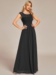 Elegant Chiffon Maxi Formal Evening Dress with Lace Cap Sleeve – Black