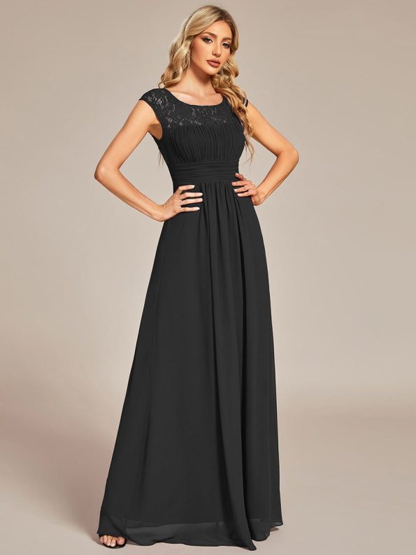 Elegant Chiffon Maxi Formal Evening Dress with Lace Cap Sleeve - Black