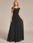 Elegant Chiffon Maxi Formal Evening Dress with Lace Cap Sleeve – Black