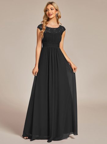 Elegant Chiffon Maxi Formal Evening Dress with Lace Cap Sleeve - Black