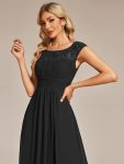 Elegant Chiffon Maxi Formal Evening Dress with Lace Cap Sleeve – Black