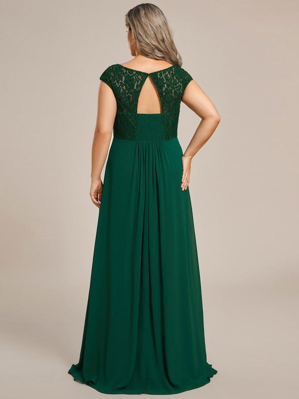 Elegant Chiffon Maxi Formal Evening Dress with Lace Cap Sleeve - Dark Green