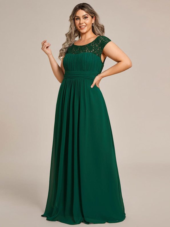 Elegant Chiffon Maxi Formal Evening Dress with Lace Cap Sleeve - Dark Green