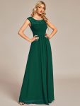 Elegant Chiffon Maxi Formal Evening Dress with Lace Cap Sleeve – Dark Green