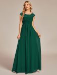 Elegant Chiffon Maxi Formal Evening Dress with Lace Cap Sleeve – Dark Green