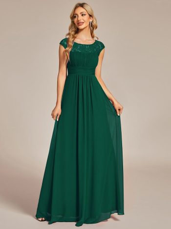 Elegant Chiffon Maxi Formal Evening Dress with Lace Cap Sleeve - Dark Green