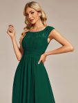 Elegant Chiffon Maxi Formal Evening Dress with Lace Cap Sleeve – Dark Green