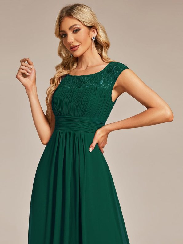 Elegant Chiffon Maxi Formal Evening Dress with Lace Cap Sleeve - Dark Green