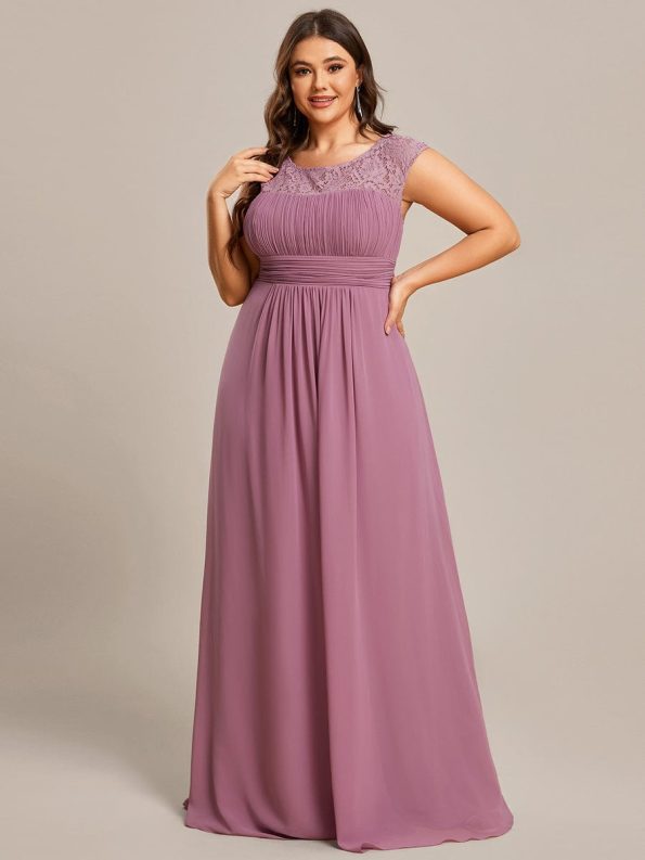 Elegant Chiffon Maxi Formal Evening Dress with Lace Cap Sleeve - Purple Orchid