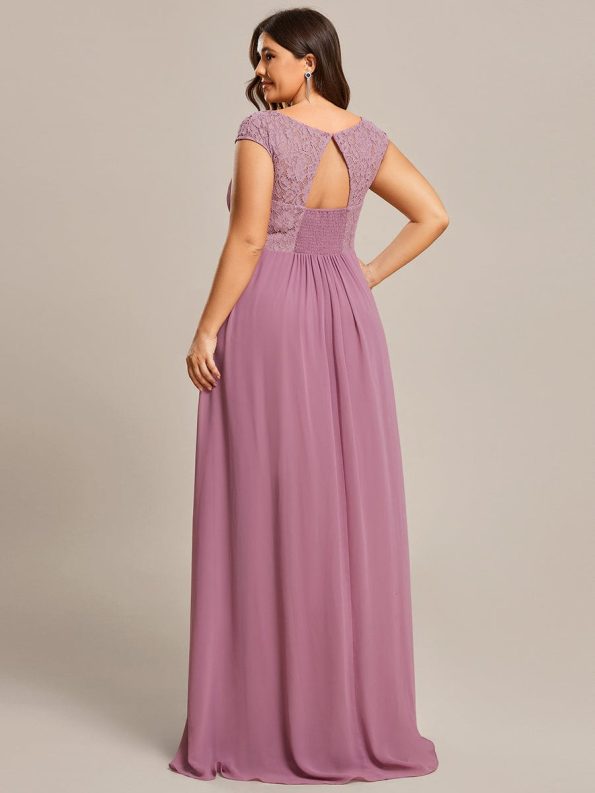 Elegant Chiffon Maxi Formal Evening Dress with Lace Cap Sleeve - Purple Orchid