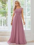 Elegant Chiffon Maxi Formal Evening Dress with Lace Cap Sleeve – Purple Orchid