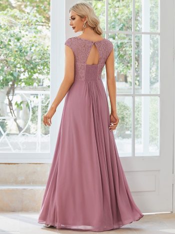 Elegant Chiffon Maxi Formal Evening Dress with Lace Cap Sleeve - Purple Orchid