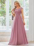 Elegant Chiffon Maxi Formal Evening Dress with Lace Cap Sleeve – Purple Orchid