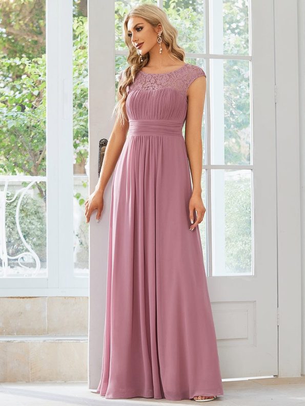 Elegant Chiffon Maxi Formal Evening Dress with Lace Cap Sleeve - Purple Orchid