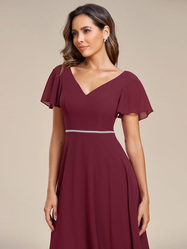 Flowy High-low Chiffon Ruffle Sleeves Bridesmaid Dress - Burgundy