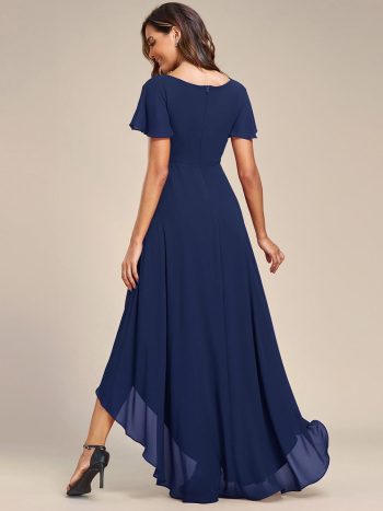 Flowy High-low Chiffon Ruffle Sleeves Bridesmaid Dress - Navy Blue