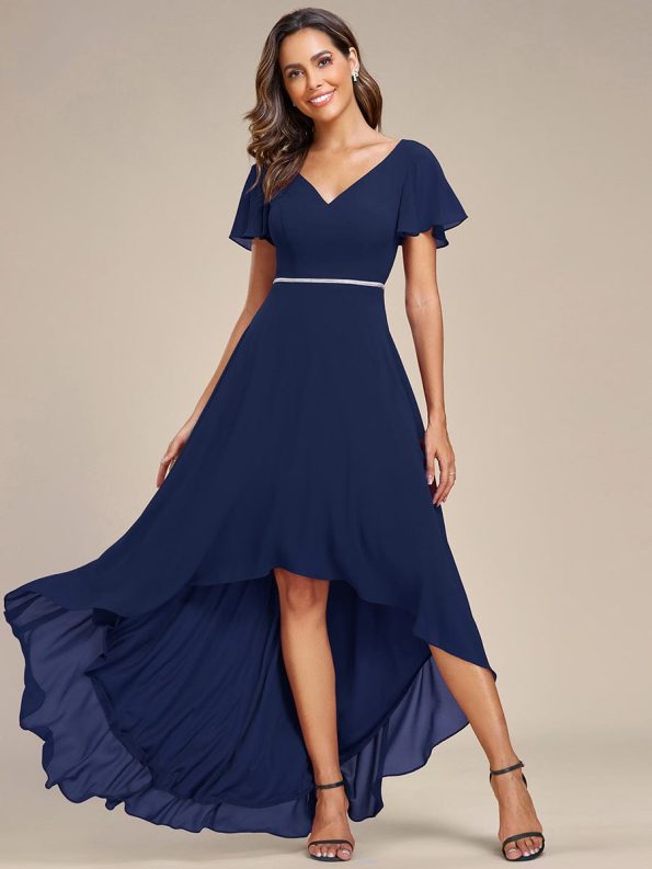 Flowy High-low Chiffon Ruffle Sleeves Bridesmaid Dress - Navy Blue